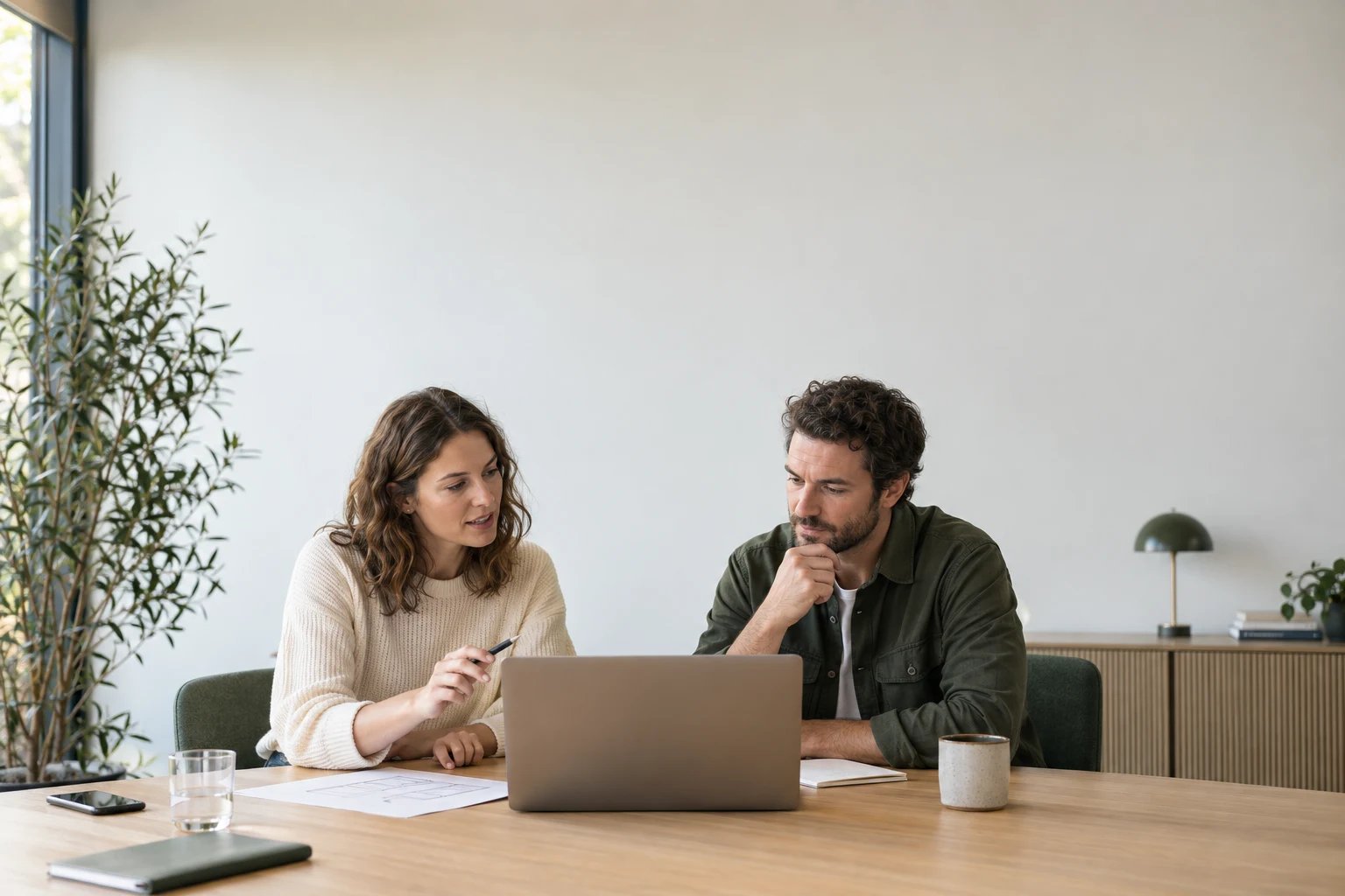 Two colleagues reviewing a laptop and documents at a meeting table